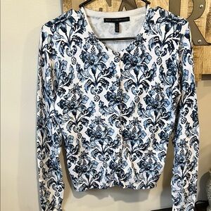 White House Black Market Blue and White button long sleeve Cardigan